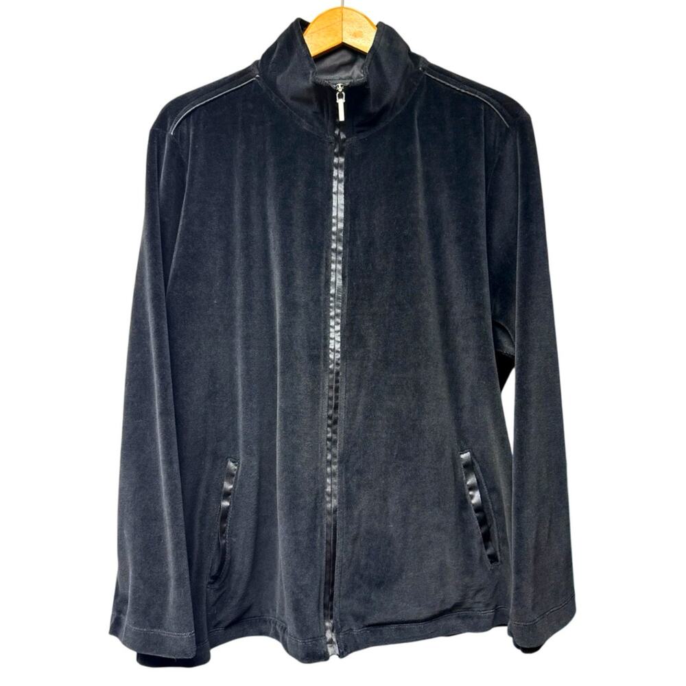 Charter Club Plus Size 2X Black Velvet Velour Jacket Sweater Full Zip Satin Trim
